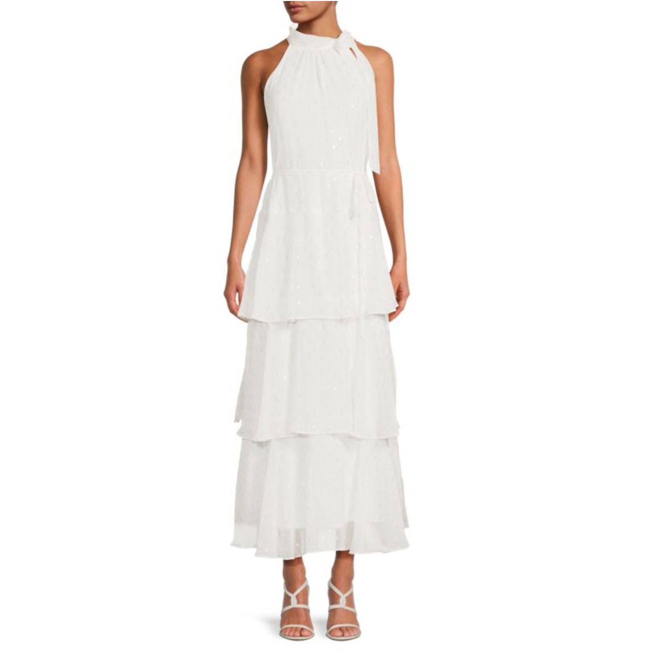 Julia Jordan Tiered A Line Maxi Dress 8 Nwot White Chiffon Dot Bridal Grad Glam